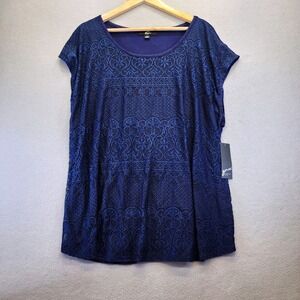 GNW Womens Plus 3X Navy Blue Lace Front Short Sleeve Blouse Top NWT Boho Dressy